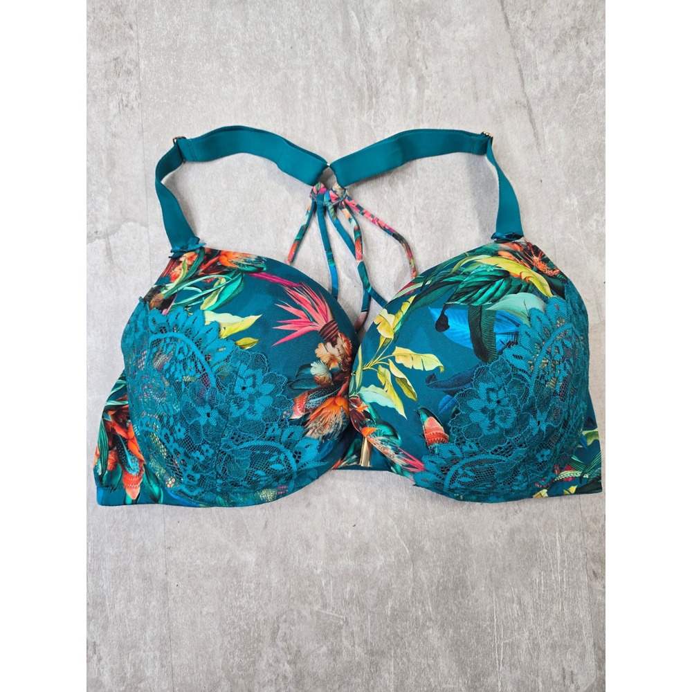 Cacique Floral Lace Boost Plunge Bra 38DD Teal Blue Tropical Strappy Front Clasp